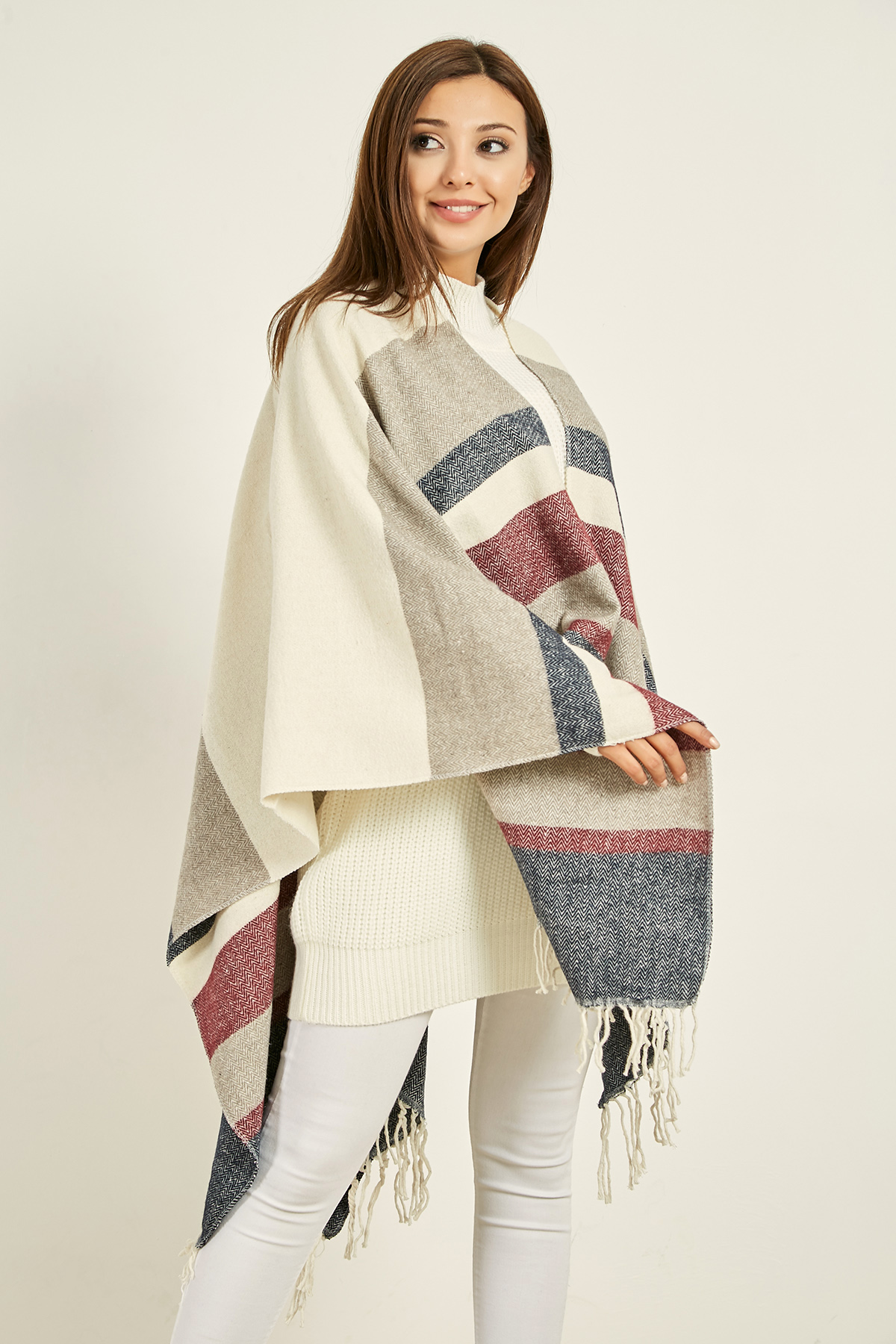 Color Blocked Poncho - BEIGE-BURGUNDY