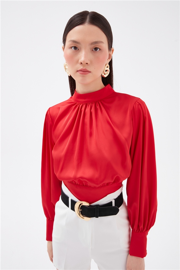 high neck satin blouse - RED